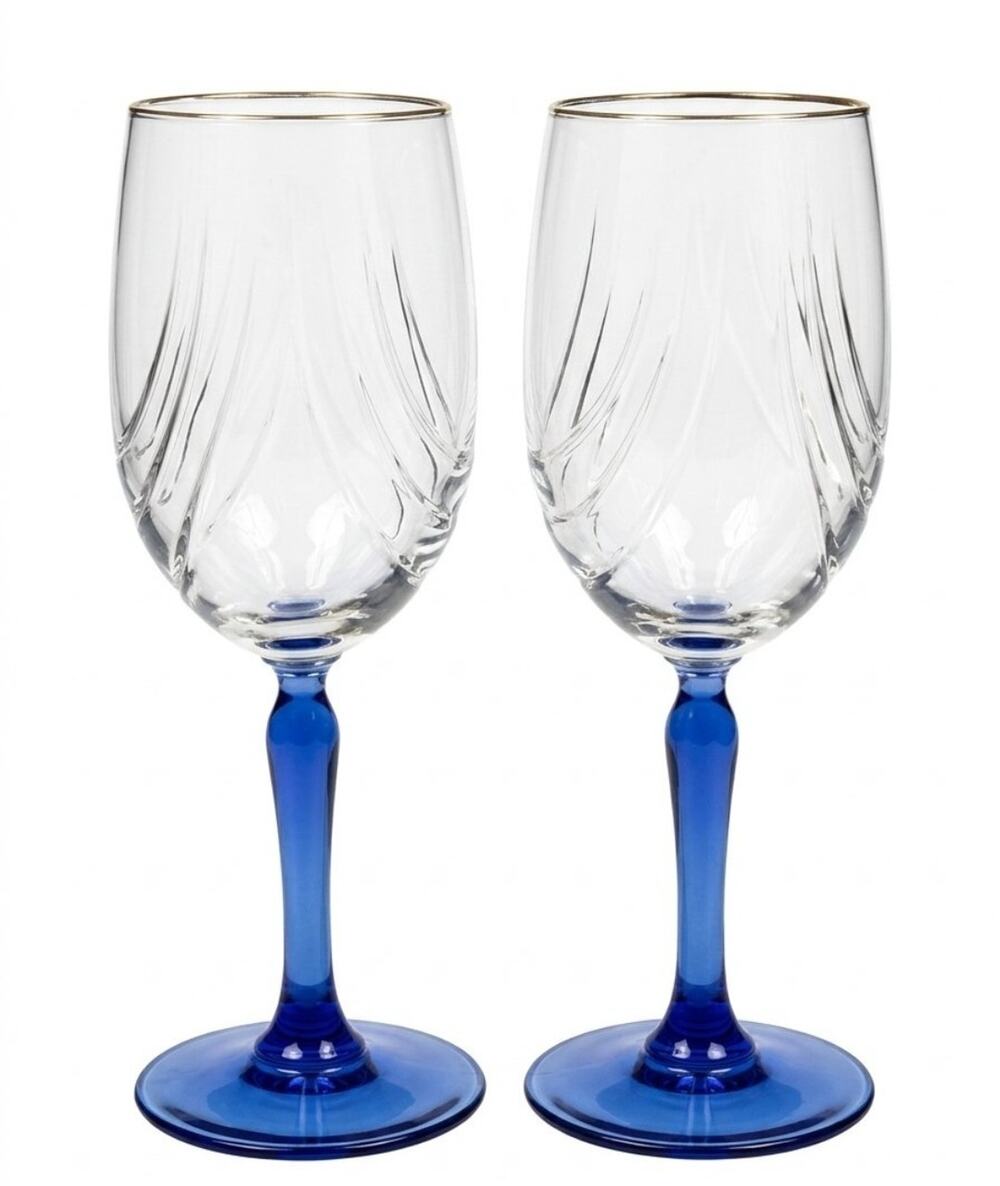 Libbey Crystal Blue 8 1/8" Water Goblets Cobalt Stems Gold Rim Draped Bowl Set 2